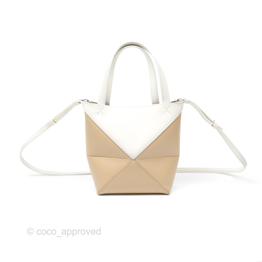 Loewe Mini Puzzle Fold Tote In Shiny Calfskin Soft White/ Paper Craft