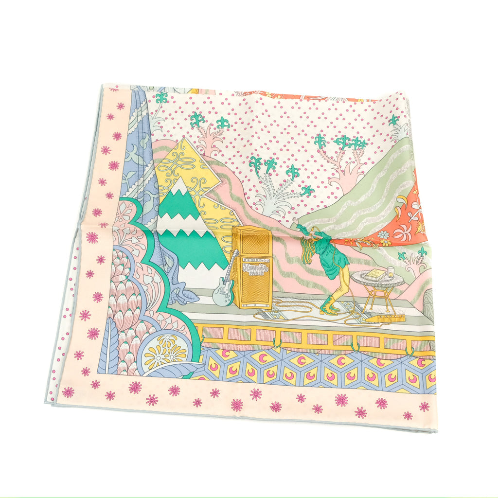 Hermes Silk Le Premier Chant Scarf 90 Abricot/ Ciel /Vert