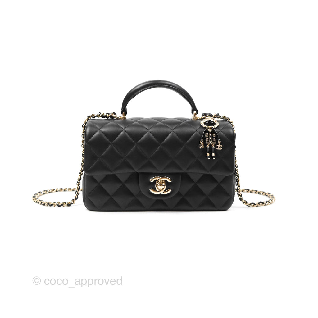 Chanel Top Handle Mini Rectangular Flap Bag with Charm Black Lambskin Gold Hardware