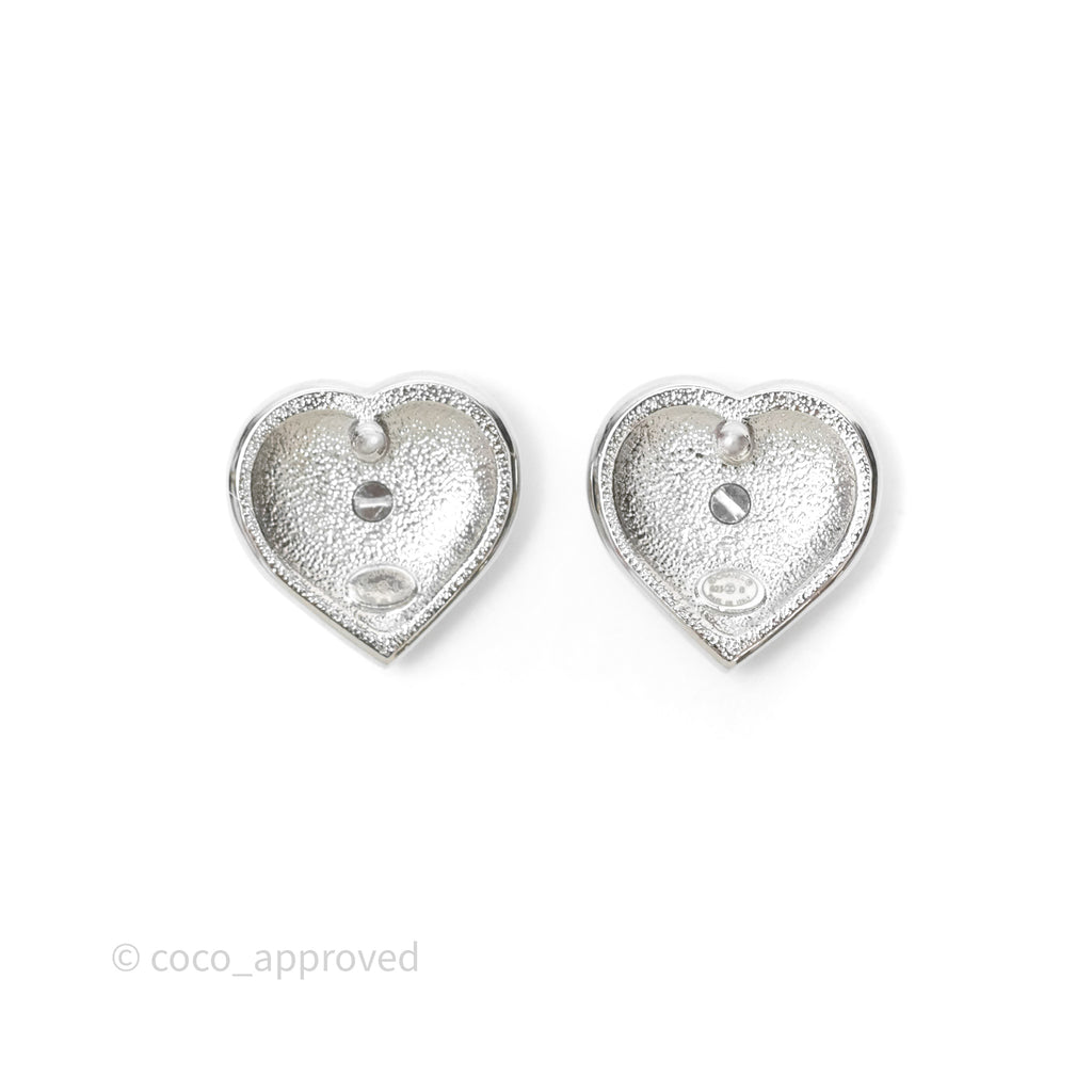 Chanel Crystal CC Heart Earrings Silver Tone 23B