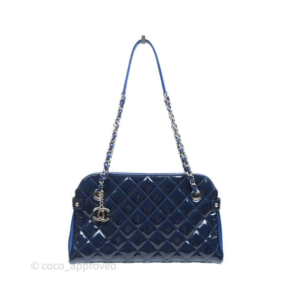 Chanel Quilted Bowling Tote Royal Blue Patent Silver Hardware