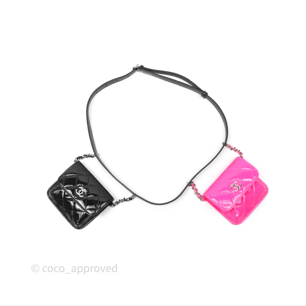 Chanel Double Waist Belt Bag Patent Pink / Black Silver Hardware