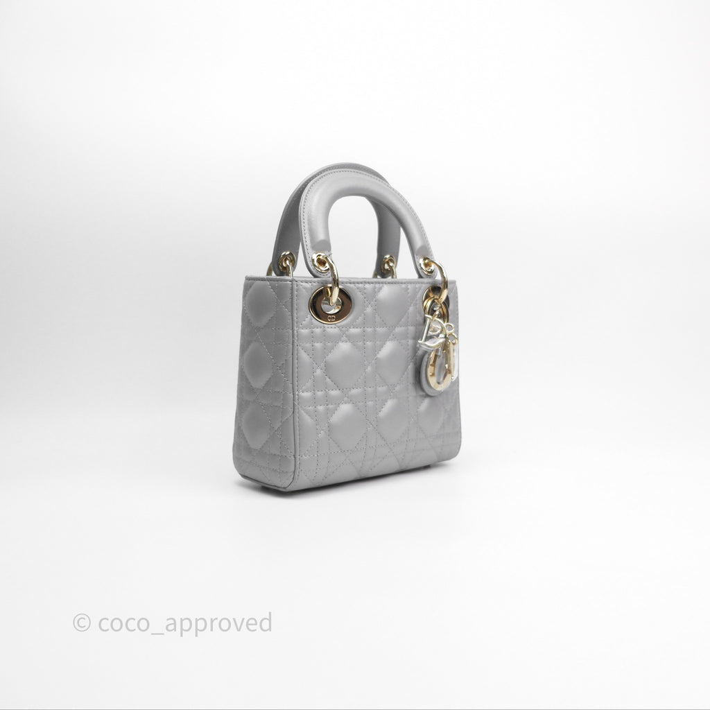 Christian Dior Mini Lady Dior Iridescent Grey Lambskin Cannage Gold Hardware