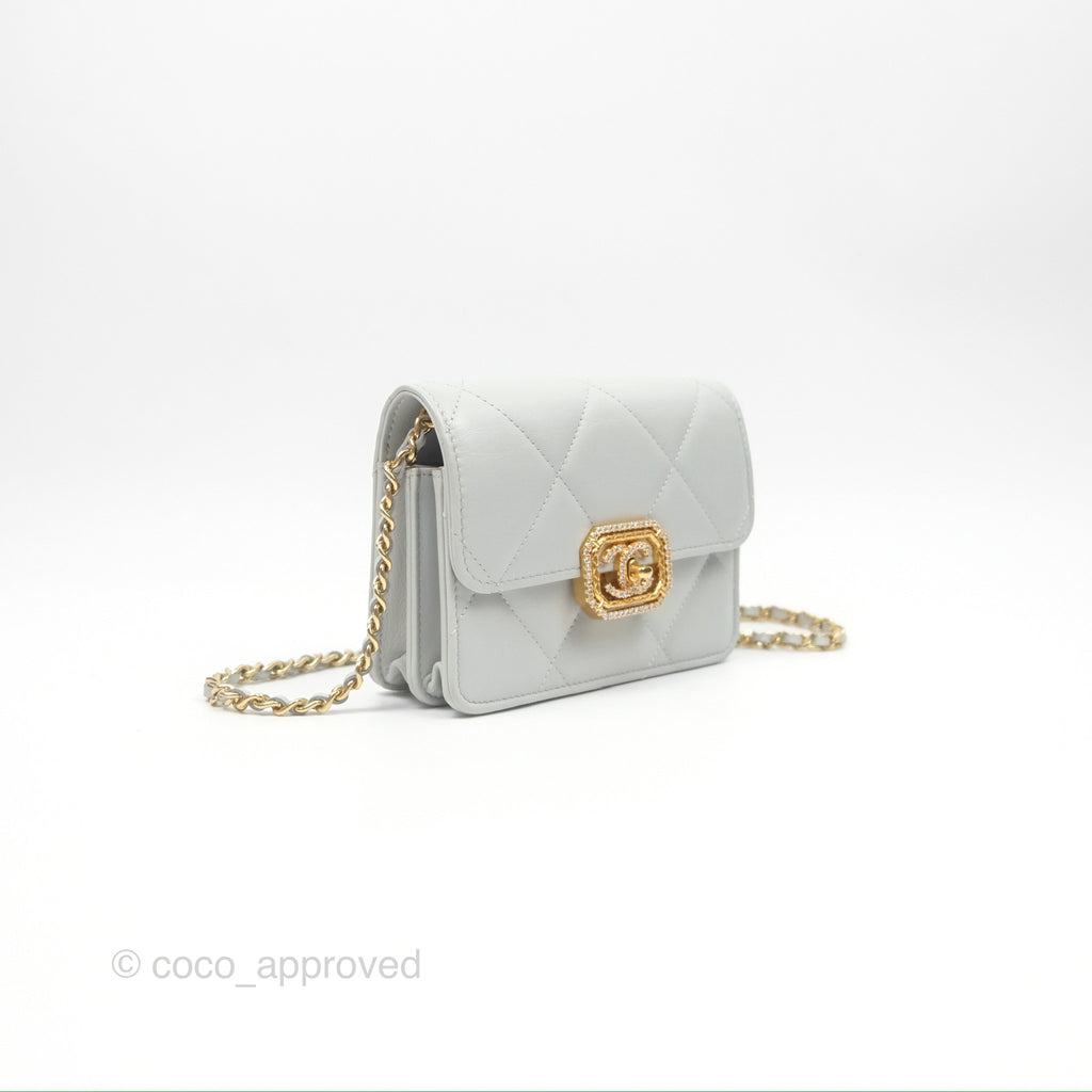 Chanel Crystal CC Mini Cutch with Chain Grey Lambskin Gold Hardware