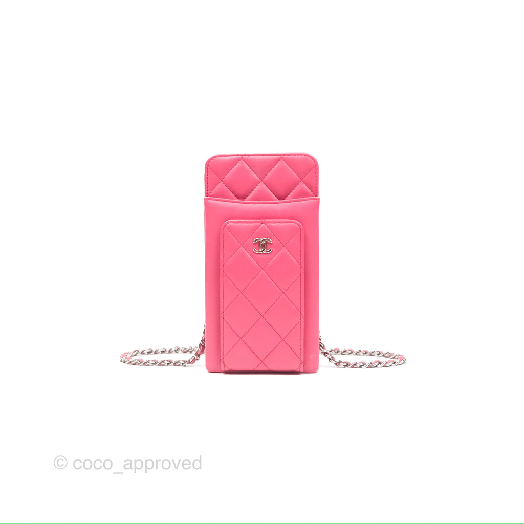 Chanel Phone Holder Long Zip Wallet with Chain Pink Silver Hardware