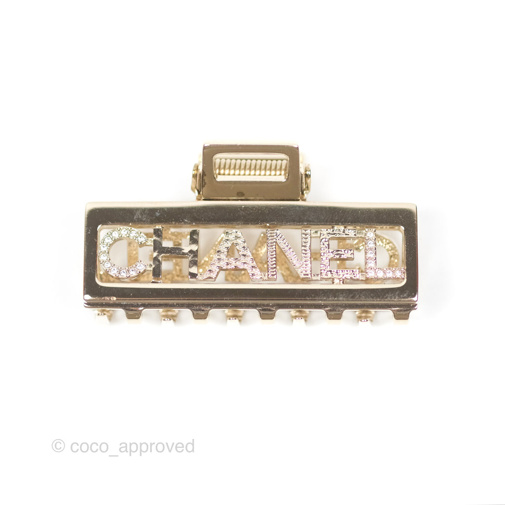 Chanel Crystal Logo Hair Claw Gold Tone 22P