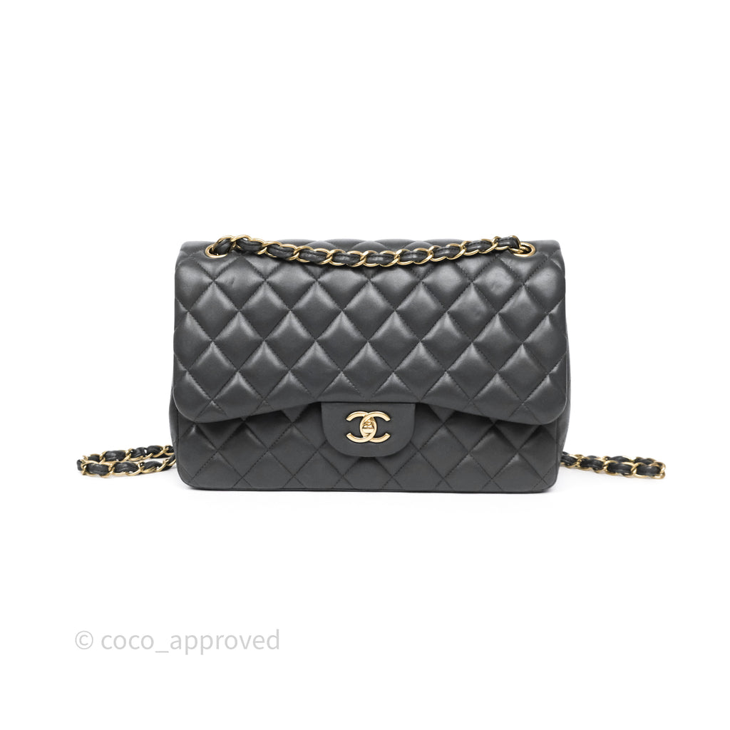 Chanel Jumbo Double Flap Dark Grey Lambskin Brushed Gold Hardware⁣⁣