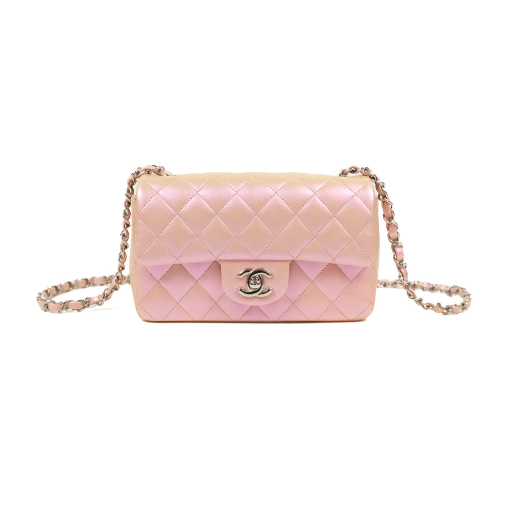 Chanel Quilted Mini Rectangular Iridescent Pink Calfskin Silver Hardware
