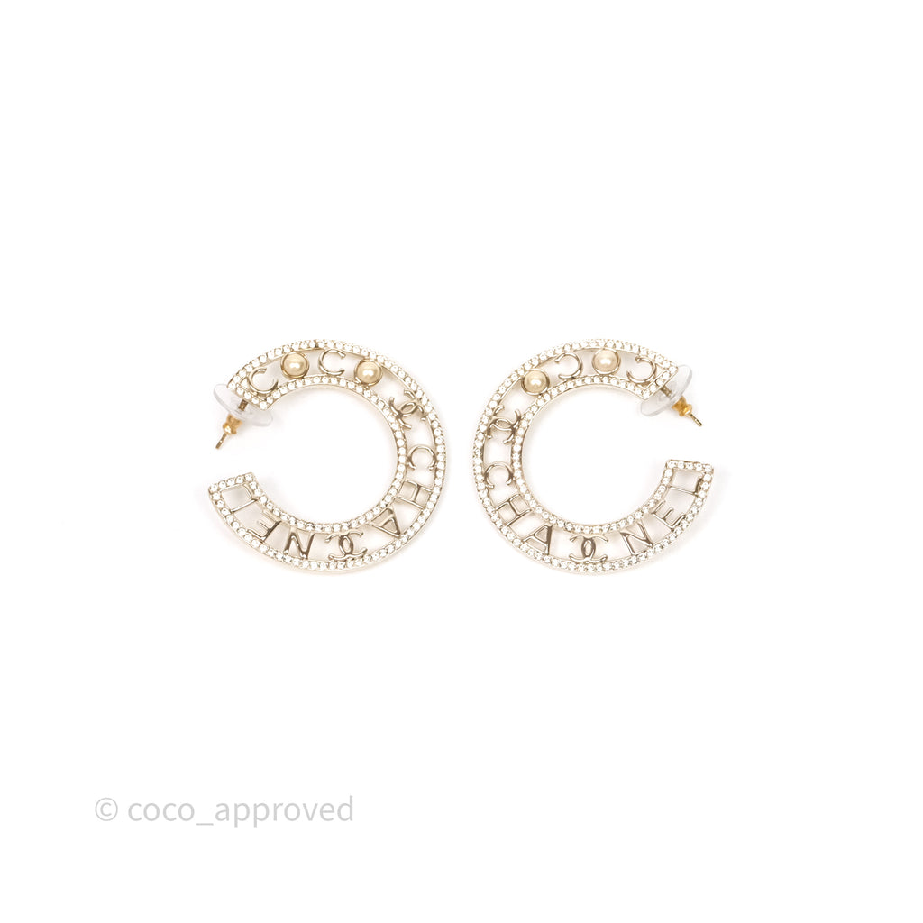 Chanel Crystal Pearl Bow-tiful CC Hoop Earrings Gold Tone 20B