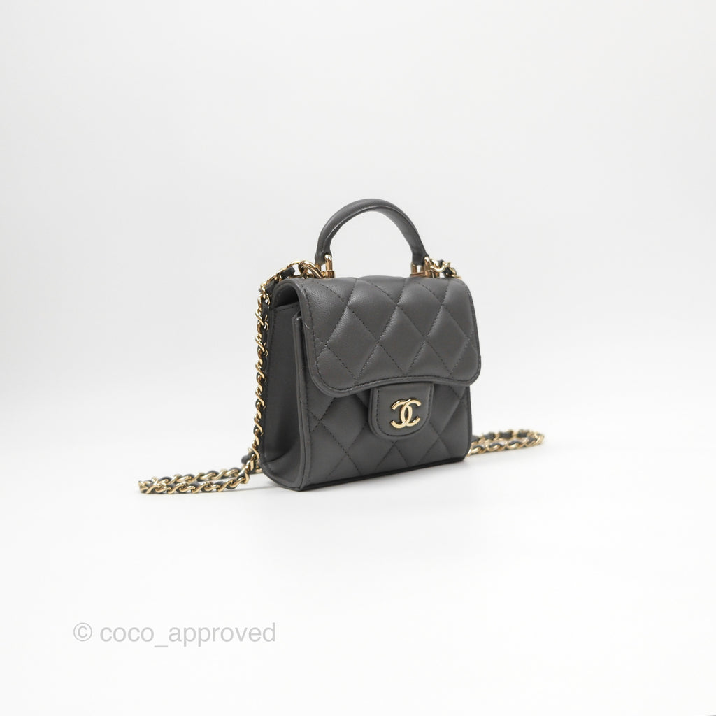 Chanel Mini Handle Clutch With Chain Grey Lambskin Gold Hardware