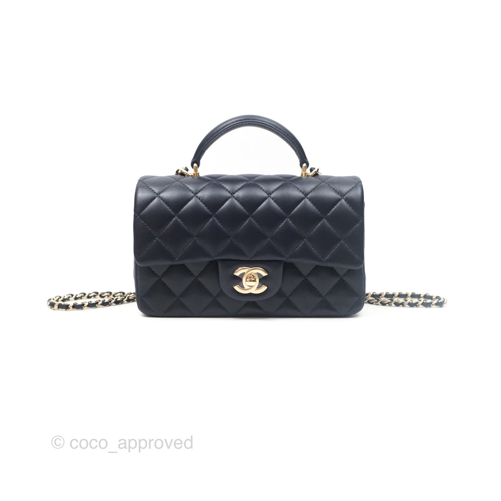 Chanel Top Handle Mini Rectangular Flap Bag Navy Lambskin Gold Hardware