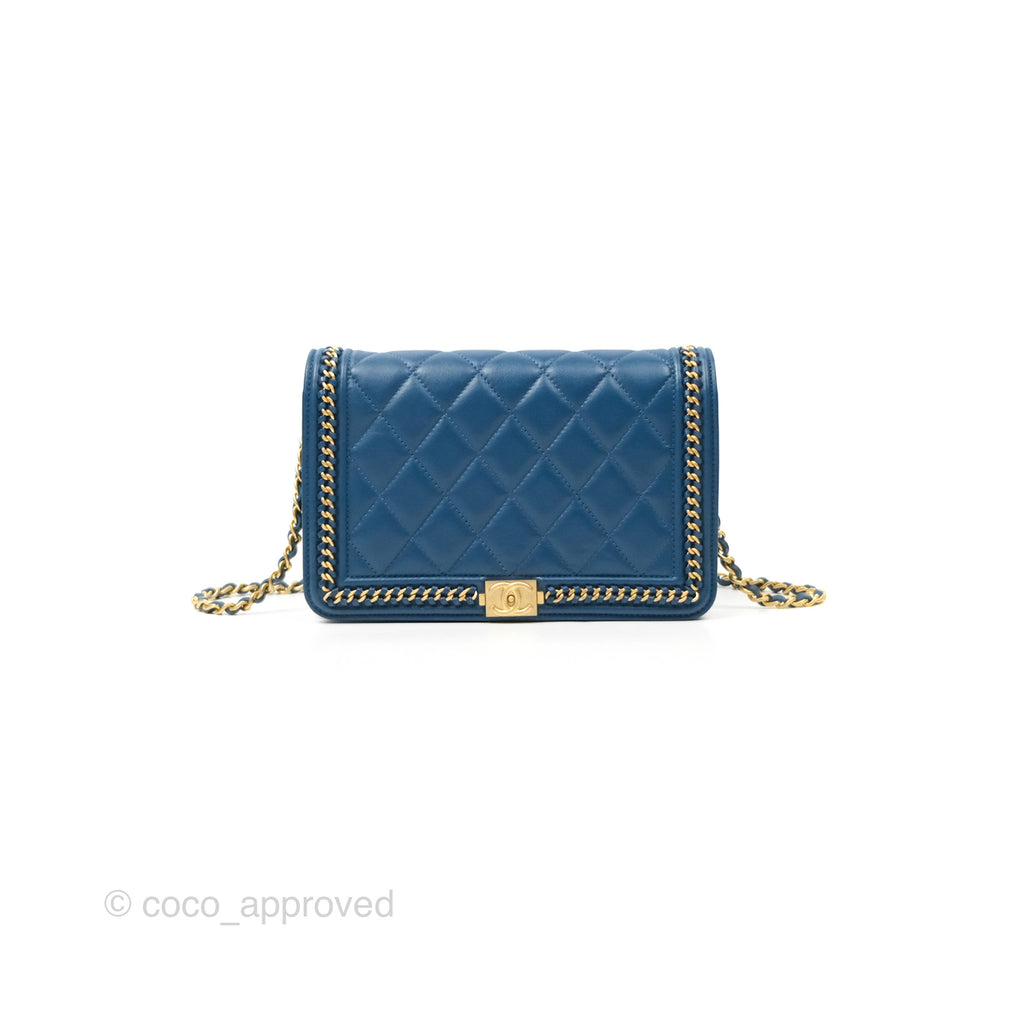 Chanel Quilted Boy Wallet on Chain WOC Blue Calfskin Aged Gold Hardware