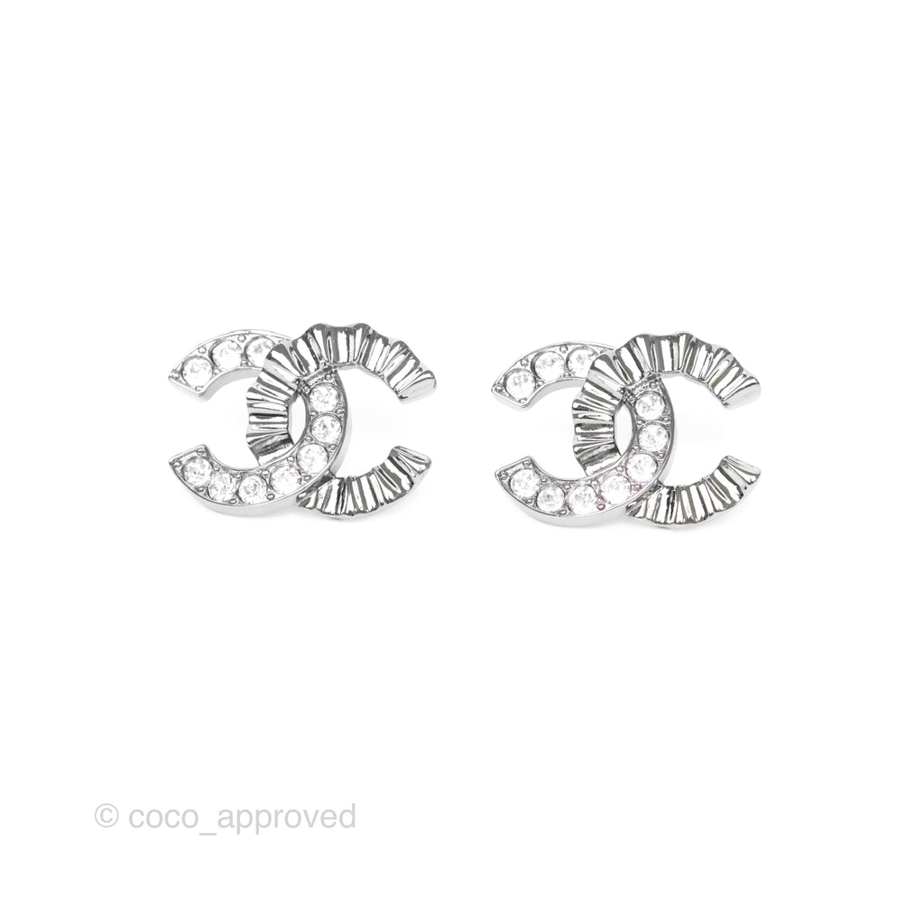 Chanel CC Half Crystal Earrings Silver Tone 21A