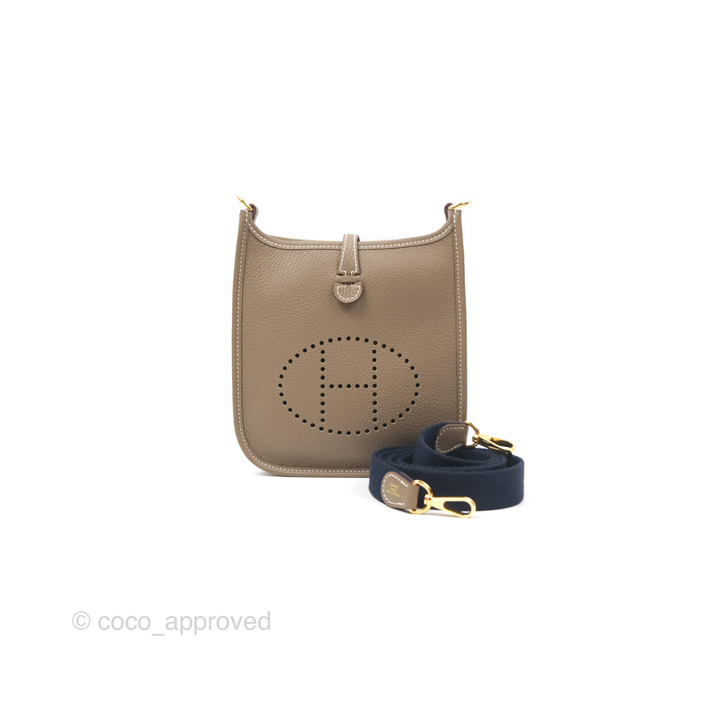 Hermès Mini Evelyne Etoupe Clemence Gold Hardware with Bleu Indigo Strap