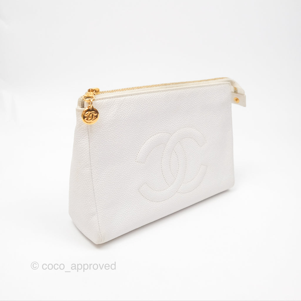 Chanel Vintage CC Clutch White Caviar Gold Hardware 