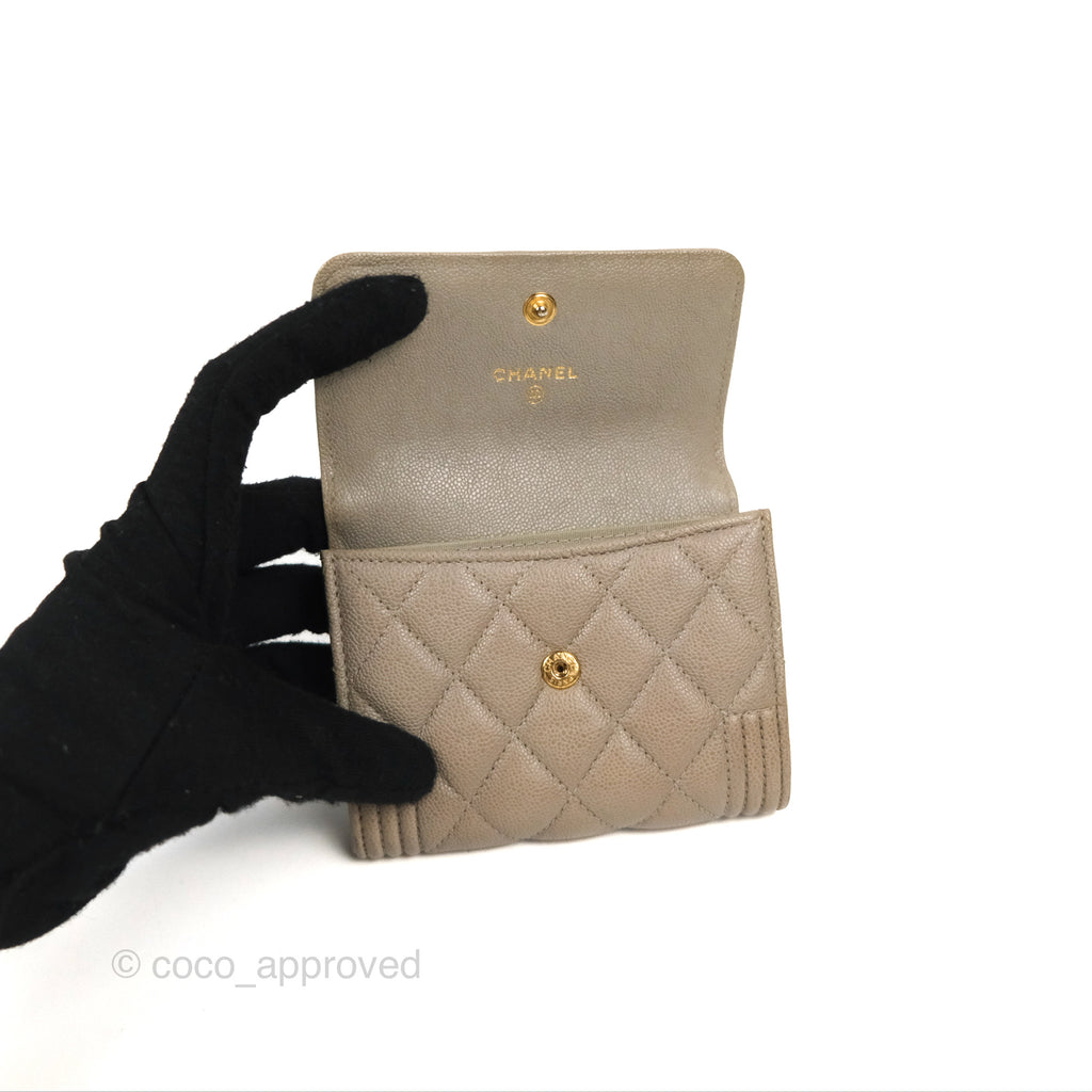 Chanel Quilted Boy Flap Card Holder Taupe Grey Caviar Aged Gold Hardware