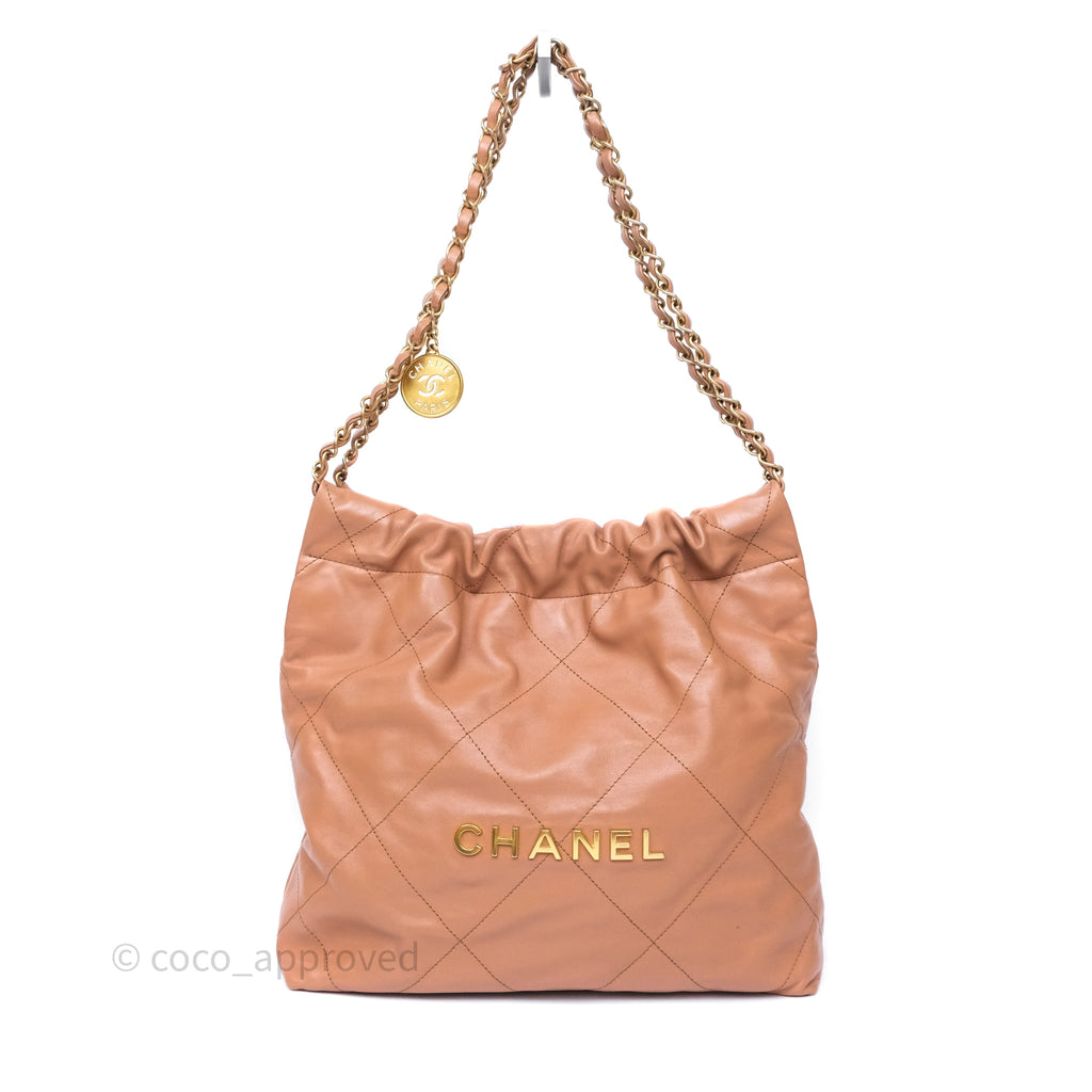 Chanel 22 Small Caramel Beige Shiny Calfskin Aged Gold Hardware