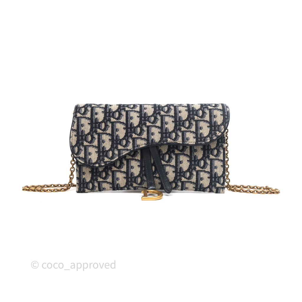 Small Saddle Pouch Wallet with Chain Blue Dior Oblique Jacquard