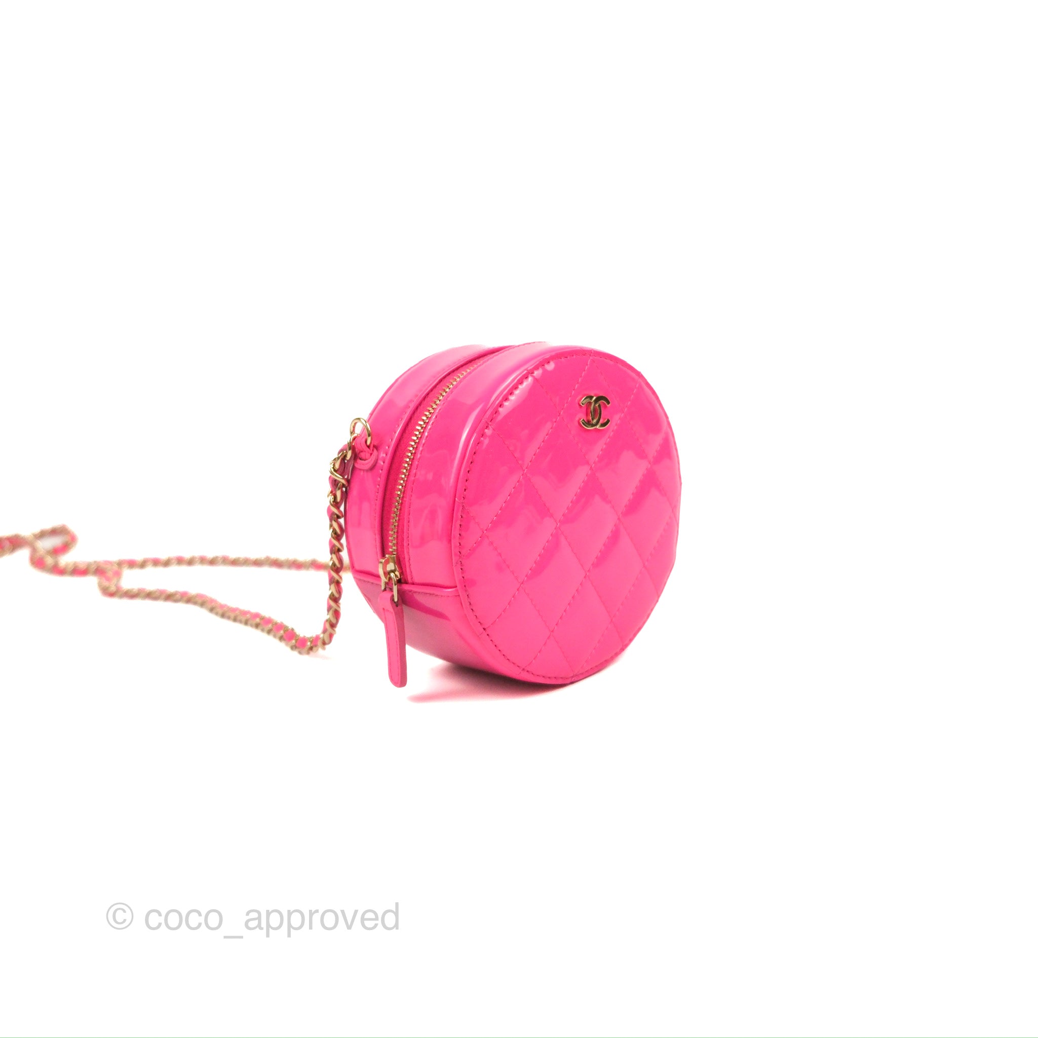 Chanel Classic Quilted Round Clutch Neon Pink Patent Gold Hardware