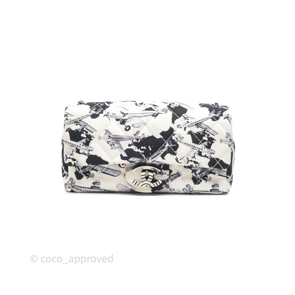Chanel Quilted Airplane Printed Shoulder Flap Bag Canvas White