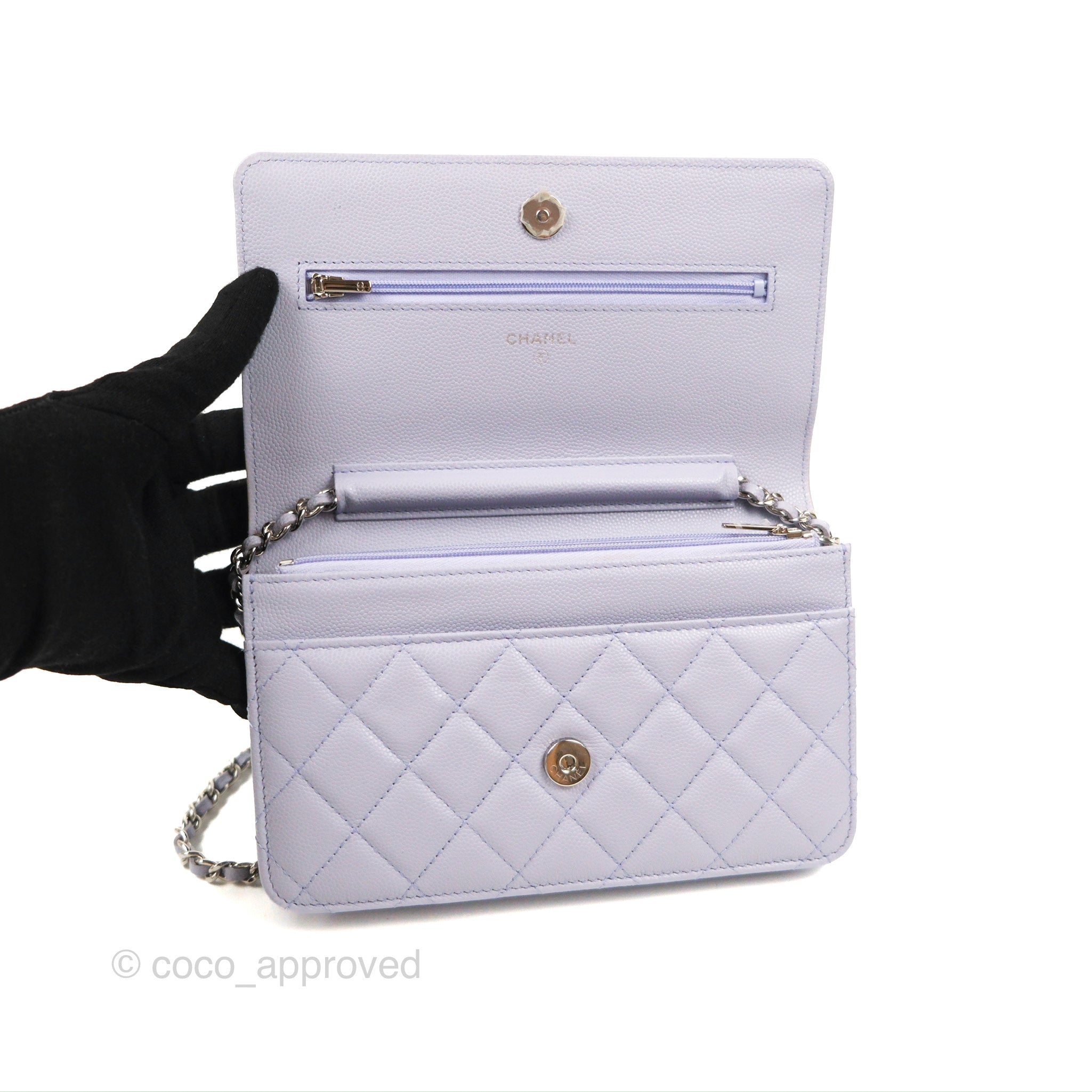 Chanel Quilted Classic Wallet on Chain WOC Lilac Caviar Silver Hardwar –  Coco Approved Studio