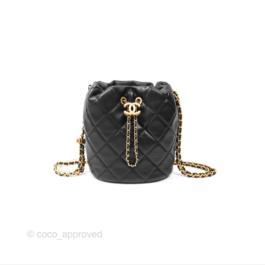 Chanel Quilted My Perfect with Pearl Drawstring Bucket Bag Black Lambskin Aged Gold Hardware