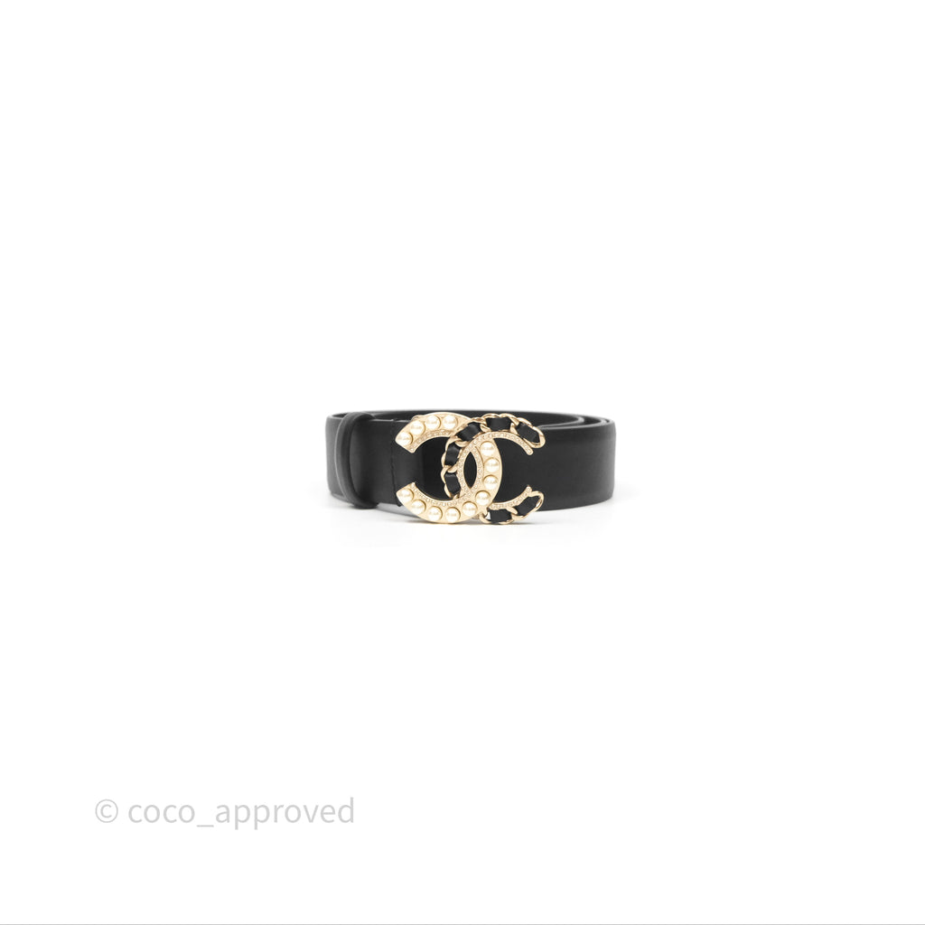 Chanel Pearl Crystal Braided Black Leather CC Belt Black Gold Tone 19C