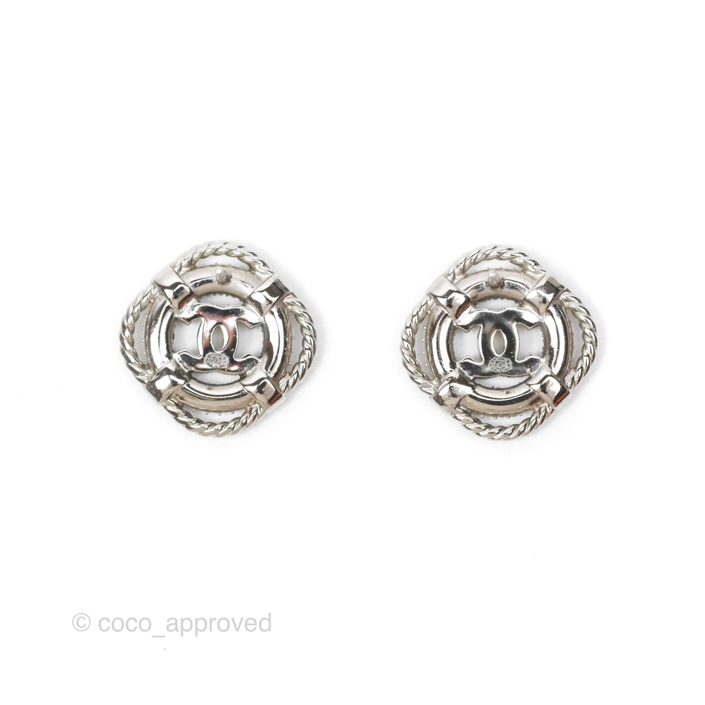 Chanel Crystal CC Square Earrings Silver Tone 19C