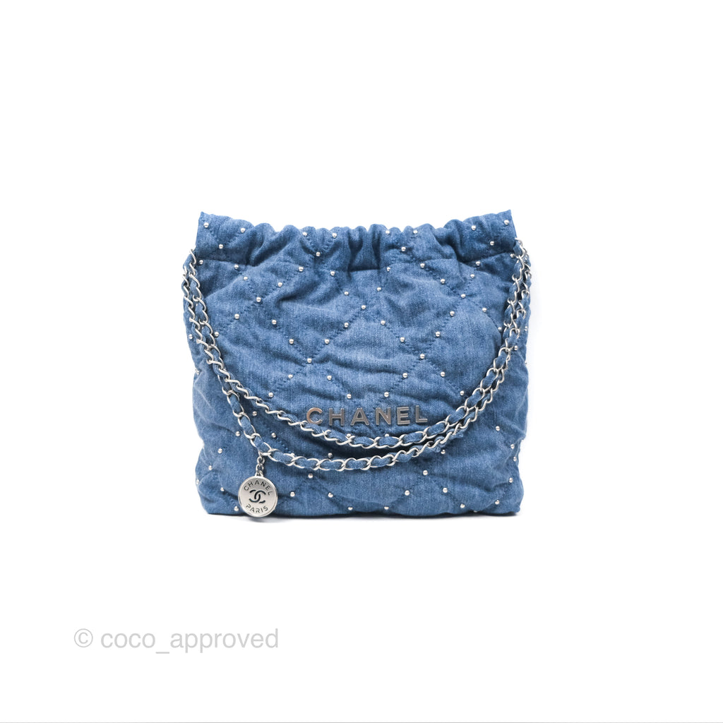 Chanel 22 Small Pearl Studded Denim Silver Hardware