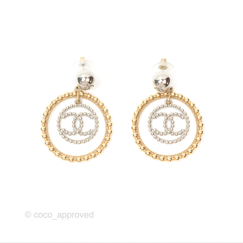 Chanel CC Hoop Drop Earrings Silver Gold Tone 22C