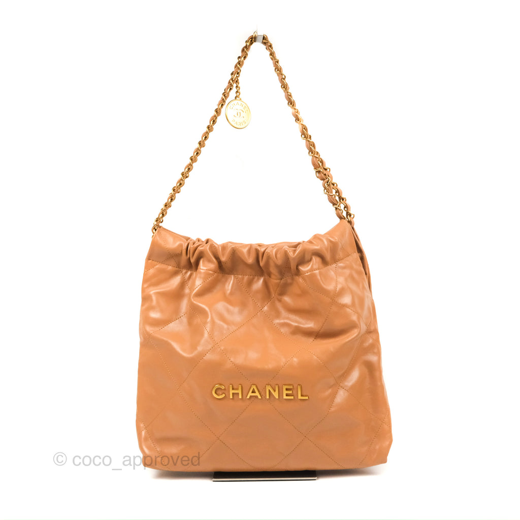 Chanel 22 Small Caramel Beige Shiny Calfskin Aged Gold Hardware