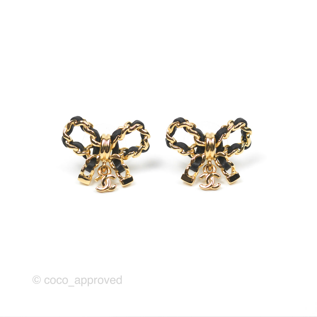 Chanel Lambskin Chain Bow Stud Earrings Black Gold 23V