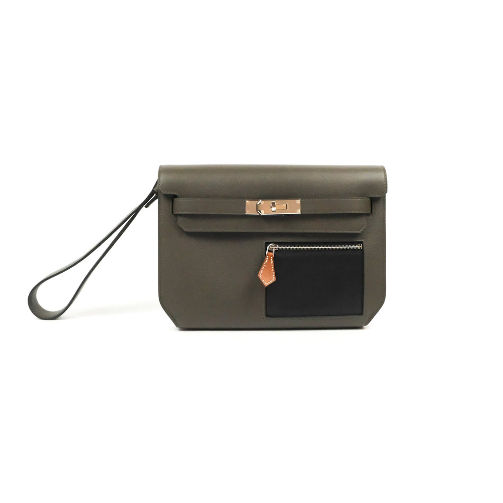 Hermès Kelly Depeches 25 Pouch Vert-De-Gris Noir Fauve