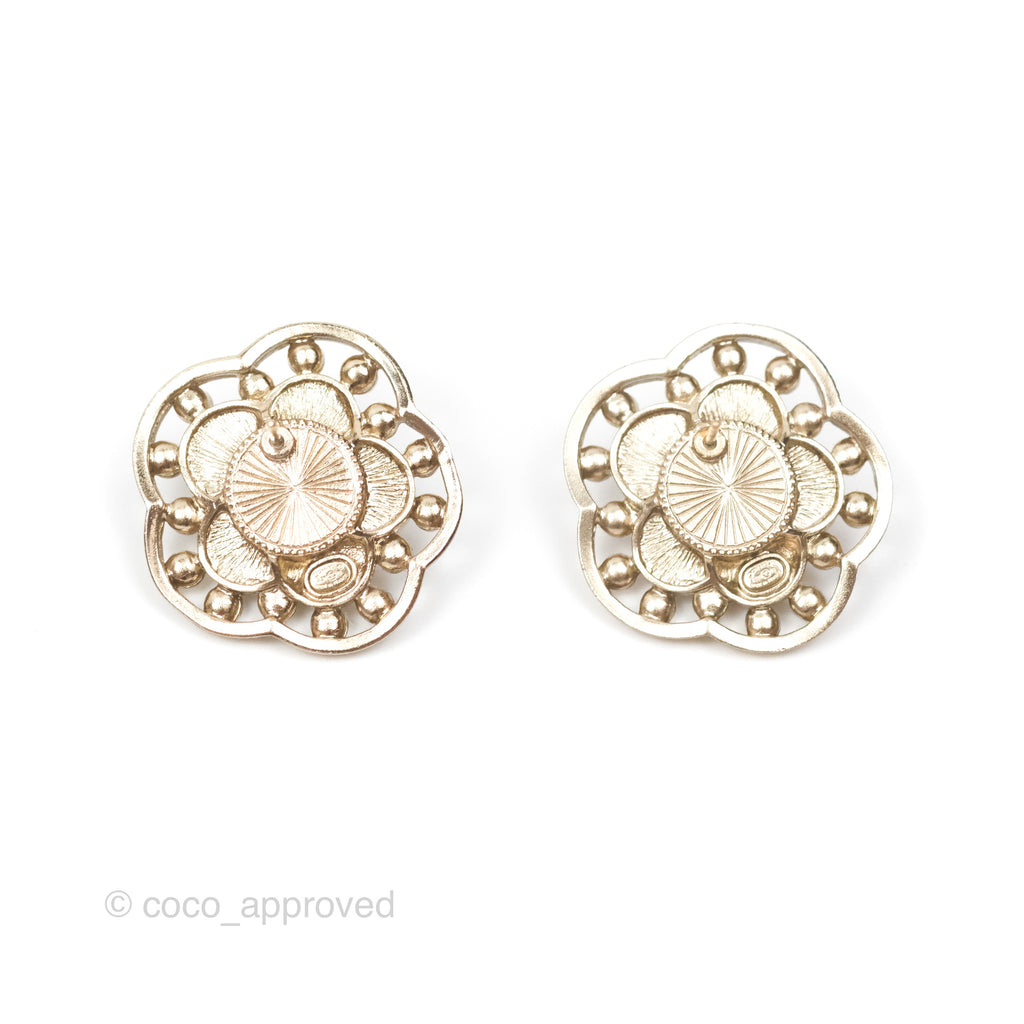 Chanel Crystal Pearl CC Flower Earrings Gold Tone 21B 