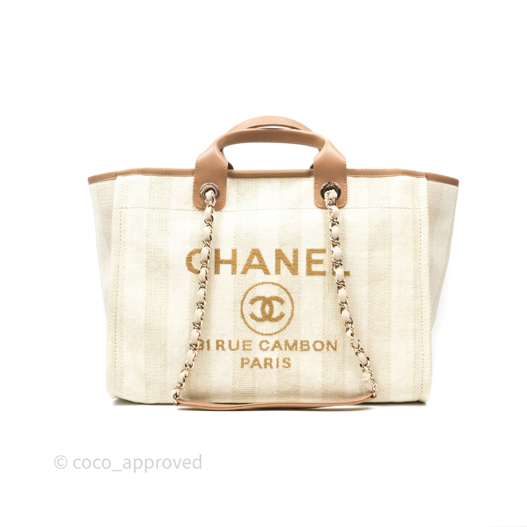 Chanel Large Deauville Beige Brown Tweed Gold Hardware