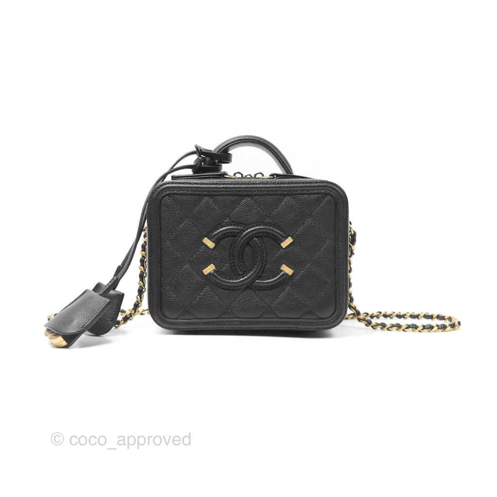 Chanel Quilted Small CC Filigree Vanity Case Black Caviar Aged Gold Hardware