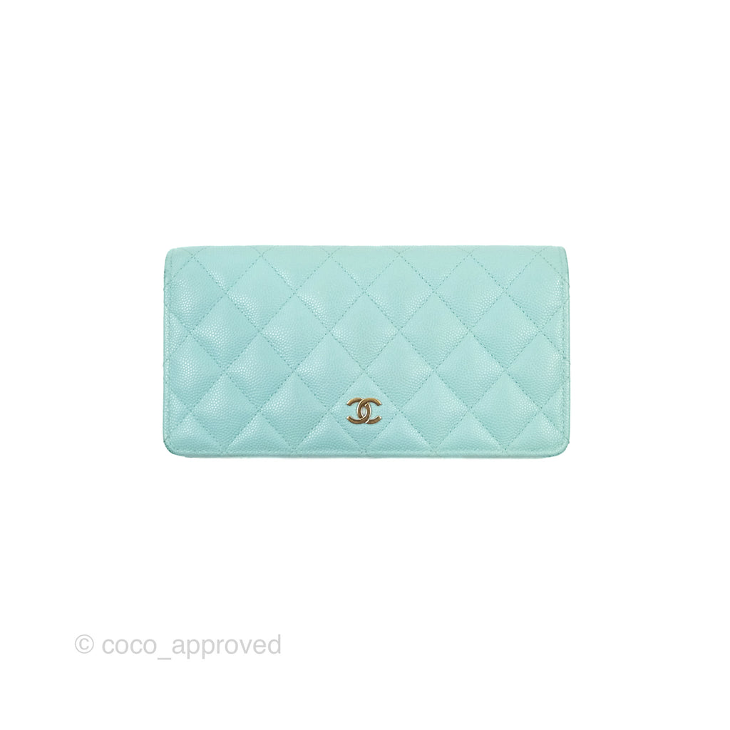 Chanel Classic Quilted Long Wallet Aqua Blue Caviar Gold Hardware