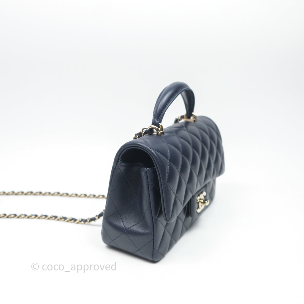 Chanel Top Handle Mini Rectangular Flap Bag Navy Lambskin Gold Hardware