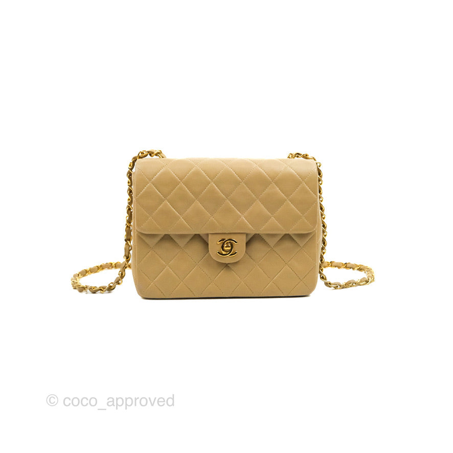 Chanel Vintage Square Flap Bag Beige Lambskin 24K Gold Hardware