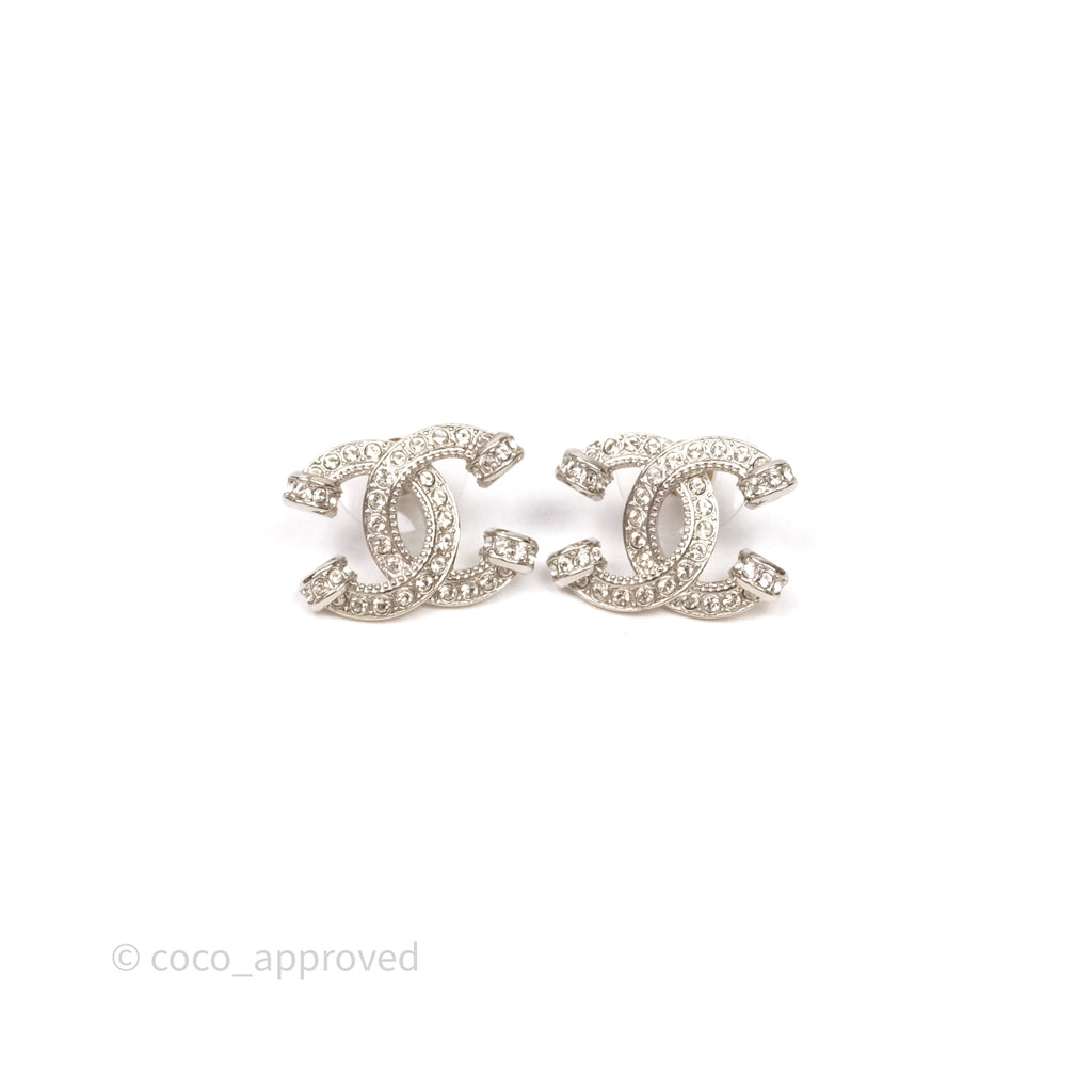 Chanel CC Crystals Earrings Silver Tone