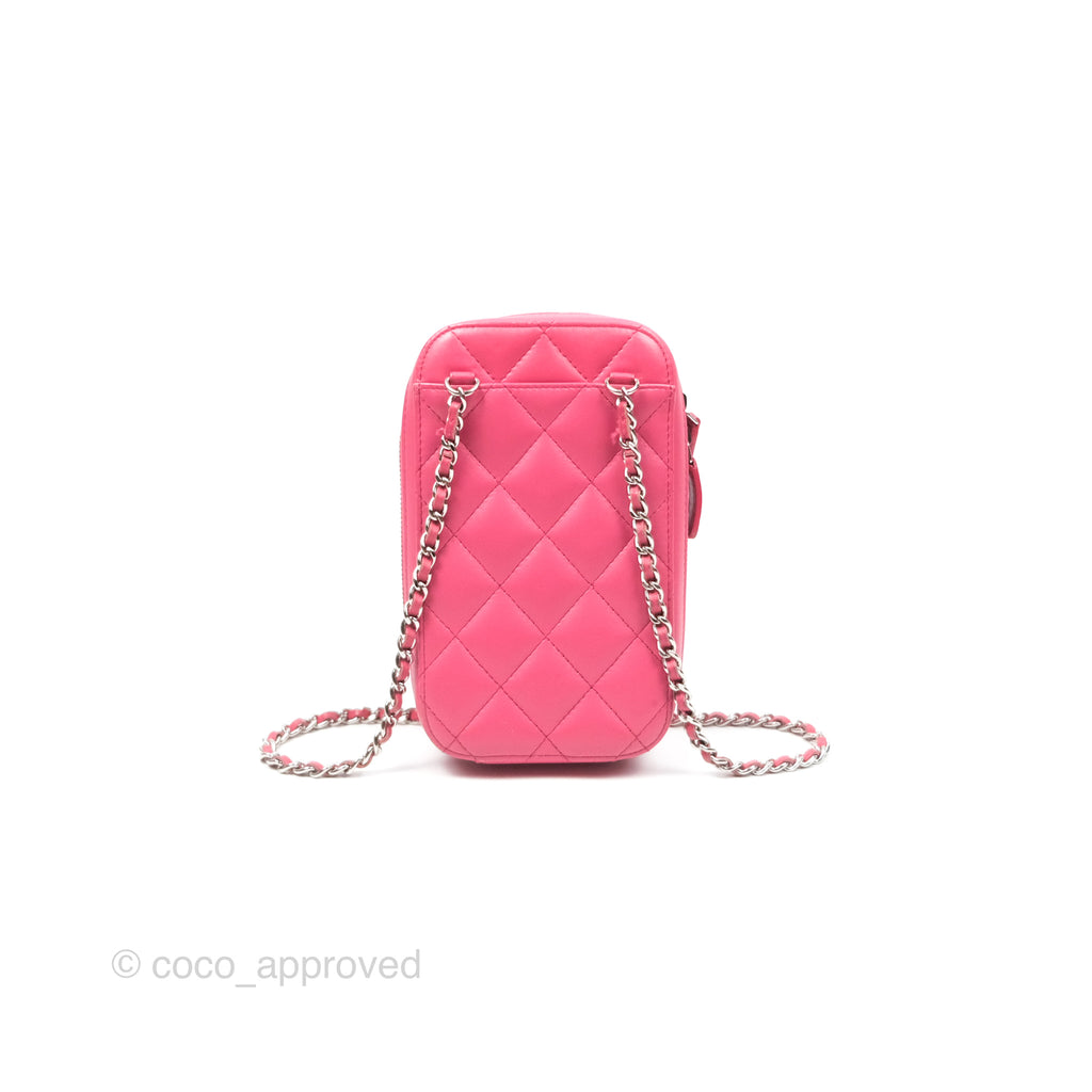 Chanel Quilted Phone Holder Pink Lambskin Silver Hardware