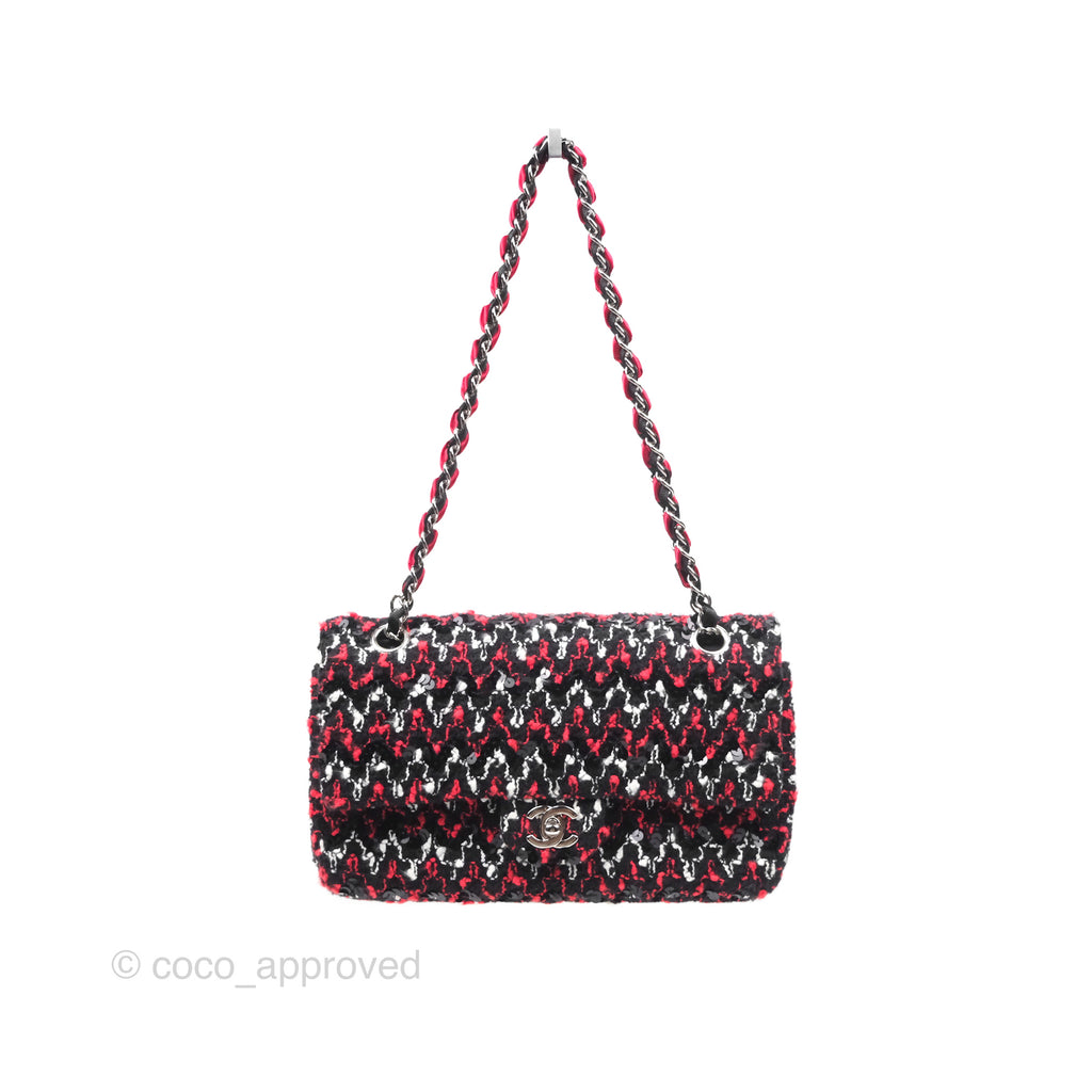 Chanel Shoulder Flap Bag Red/ Black/ White Tweed Sequins Silver Hardware