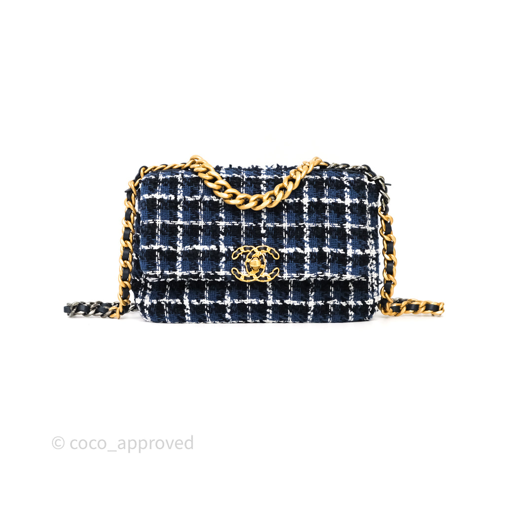 Chanel 19 Small Blue White Black Grid Tweed Mixed Hardware