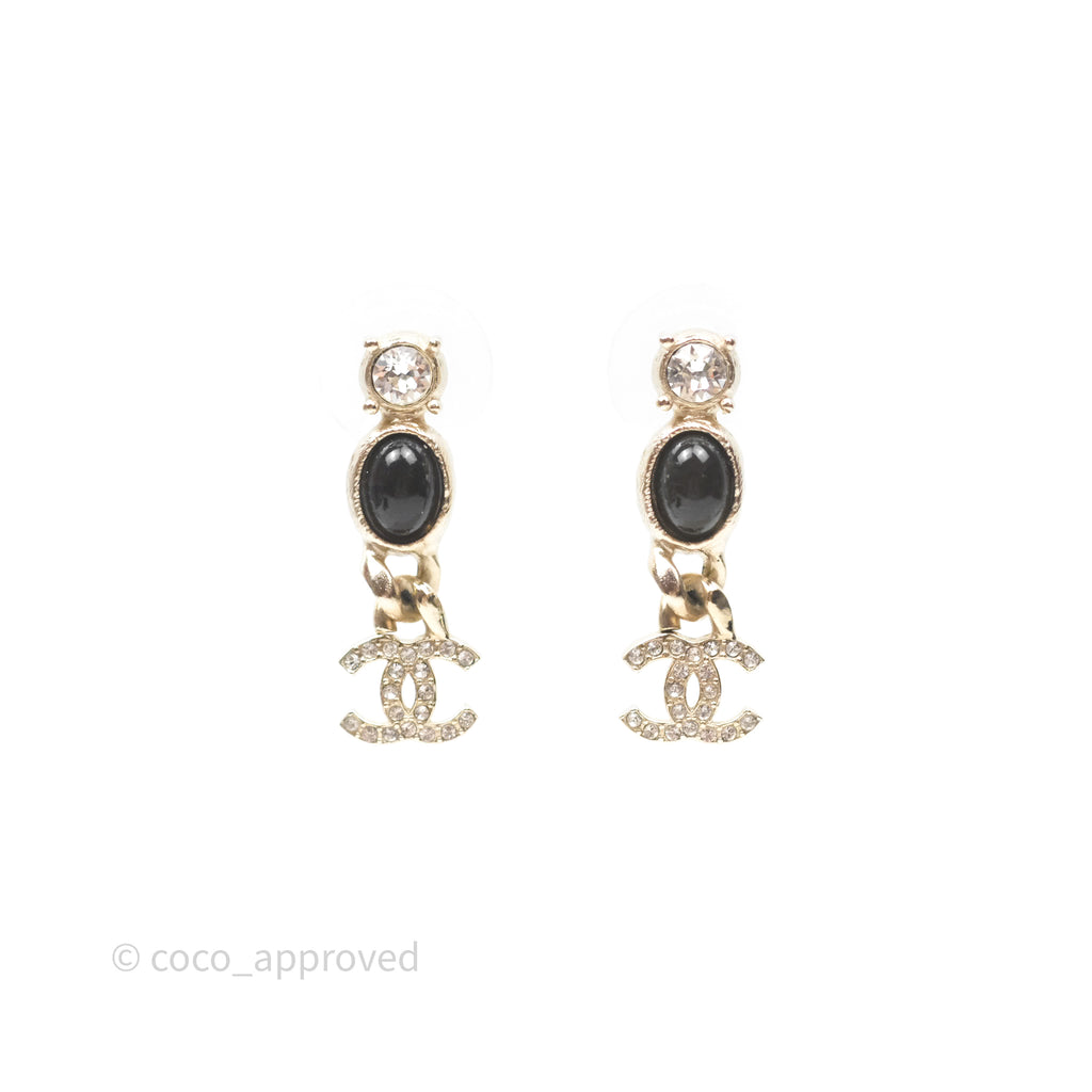 Chanel Crystal CC Black Resin Drop Earrings Gold Tone 21K