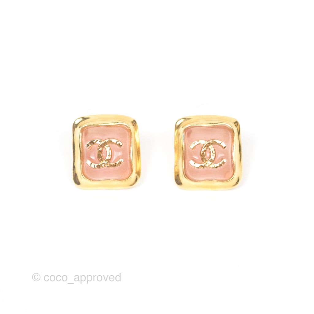 Chanel CC Pink Resin Square Earrings Gold Tone 23C