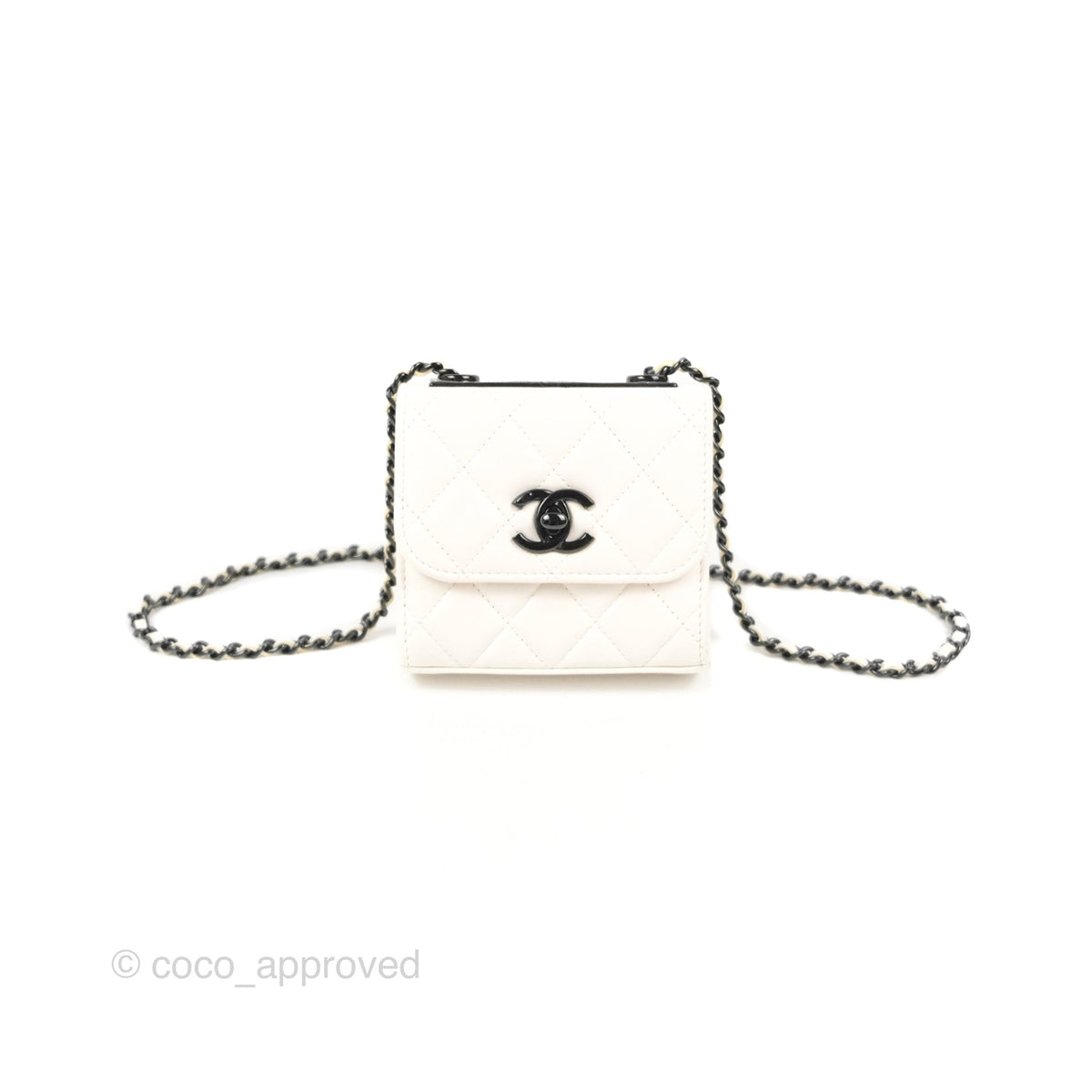 Chanel Mini Quilted Trendy CC Clutch With Chain White Lambskin Black H –  Coco Approved Studio