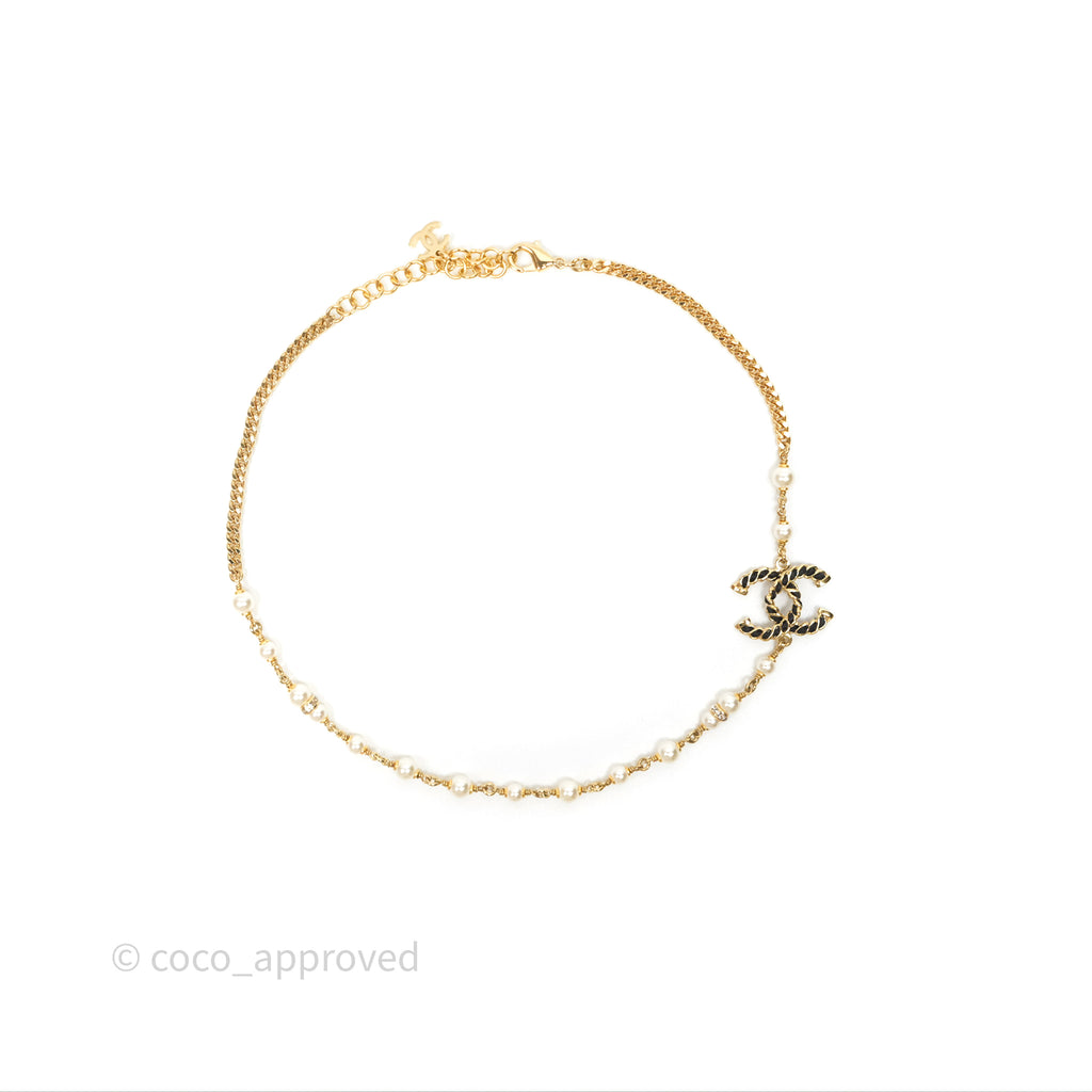 Chanel Black Leather CC Pearl Crystal Necklace Gold Tone 24K