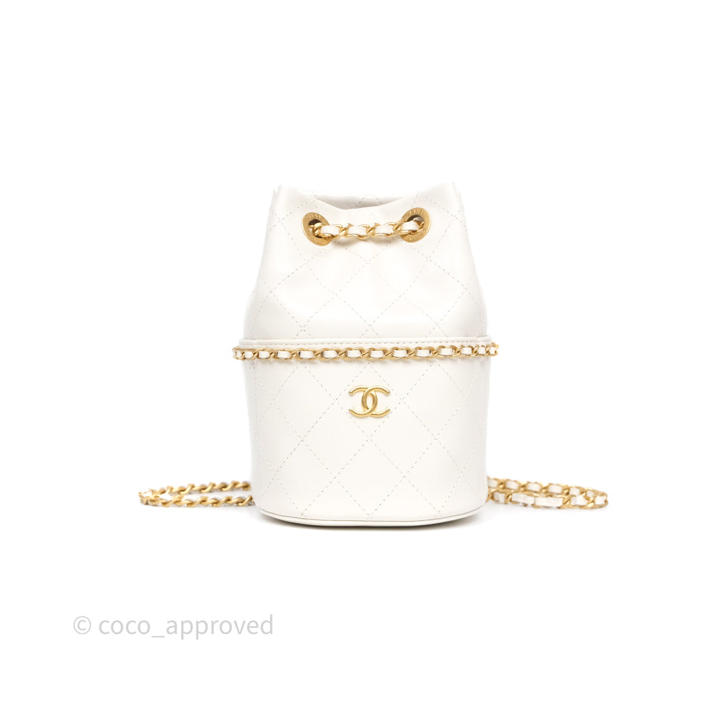 Chanel Mini Bucket Bag White Shiny Lambskin Aged Gold Hardware 25C