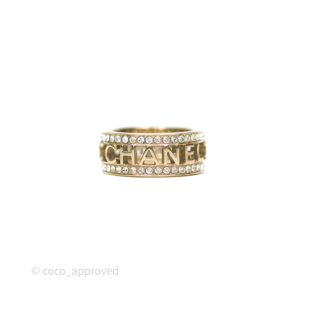 Chanel Crystal Logo Ring Gold Tone 20B