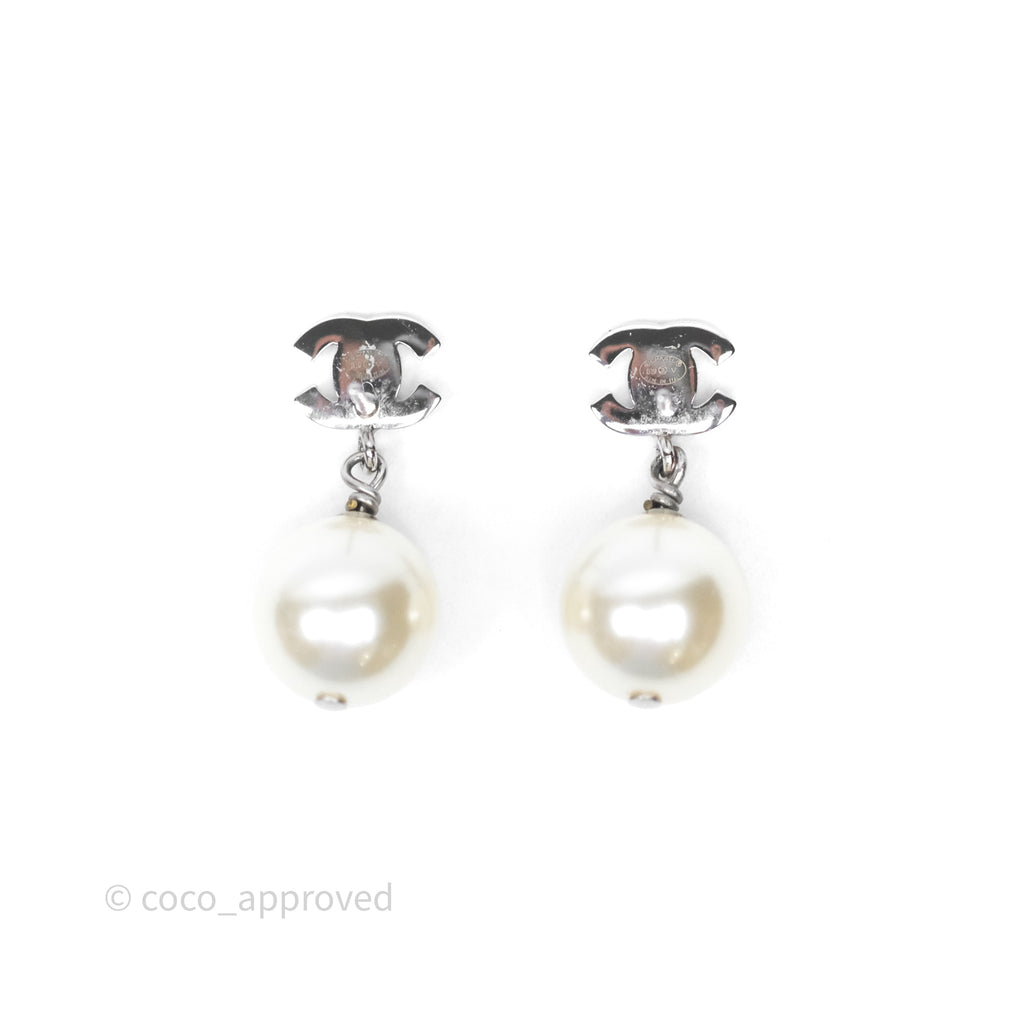 Chanel CC Crystal Pearl Drop Earrings Silver Tone 19V